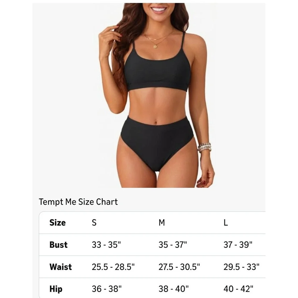 Tempt Me Women Black 2 Piece Swimsuit High Waisted Bikini Set Tummy Control, Med